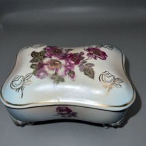 Beautiful Vintage Victorian Style Footed Trinket Box Gold Fuchsia Painted Roses - £12.58 GBP