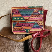 Vintage 90s Sharif USA Colorful Leather Shoulder Bag Abstract Design Fau... - £41.95 GBP