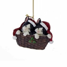 Kurt Adler Black Kittens W/SANTA Hat In Basket Hand Painted Resin Xmas Ornament - $9.88
