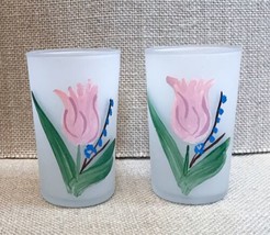 Vintage Hand Painted Floral Tulips Frosted Juice Glasses Mid Century Modern - £6.20 GBP