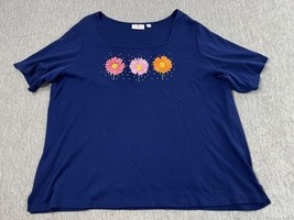 Quacker Factory Shirt Womens 3XL Navy Blue Embroidered Daisy Floral Scoo... - $21.77