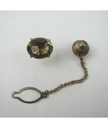 Vintage Tie Tack Lapel Pin Faceted Smoky Gem Stone Brown with Chain - £7.98 GBP