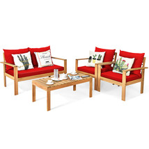 4Pcs Outdoor Furniture Set Acacia Wood Thick Cushion Loveseat Sofa Red - $571.99