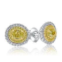 1.16 Ct Oval Cut Double Halo Yellow Diamond Stud Earrings 14k White Gold - £1,830.57 GBP