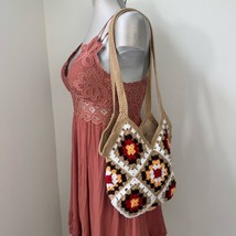 Crochet Granny Square Shoulder Tote Bag Handmade Red Brown Beige NEW - $28.76