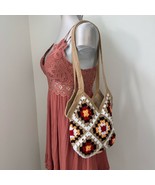 Crochet Granny Square Shoulder Tote Bag Handmade Red Brown Beige NEW - $39.41 CAD