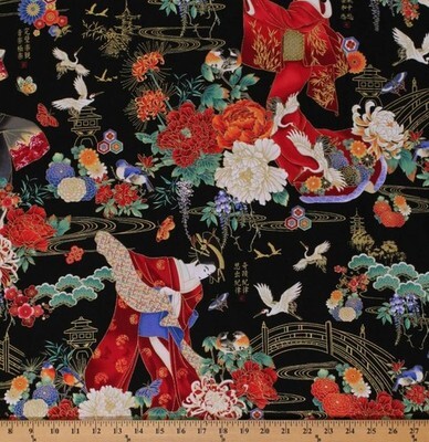Cotton Geishas in Garden Allover Metallic Multi Fabric Print by Yard D47... - $12.95