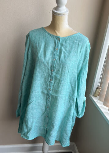 Primary image for Tahari Womens Plus sz 2X Linen Blouse Top Nwt Green  Rolled Cuff Sleeve