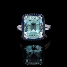 Halo Sapphire Natural Aquamarine Ring 14K White Gold Aquamarine Engagement Ring - £951.02 GBP