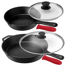 MegaChef Pre-Seasoned 6 Piece Cast Iron Skillet Set with Lids and Red Silicone  - £82.66 GBP