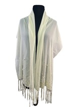 Ivory Beaded Fringed Chiffon Scarf Floral Design 20 x 66 - £11.07 GBP
