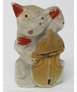 Figuring Cat Playing Bass Ceramic White Red Brown Japanese 1960s Small - $15.15