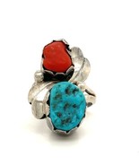 Vintage Sterling Native American Navajo Bisbee Turquoise Coral Ring Band... - $1,411.25 MXN