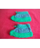 Hand Knit Blue and Green Children's Slippers - £5.51 GBP