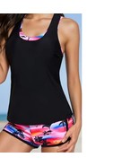 Womens Swimsuit Tankini Shorts Tank Black Pink Tropical Swim Stretch 3 P... - $31.68