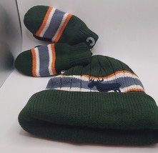 KIDS Knit Hat And Mittens Green/Orange  With Moose Design  Small Ages 1 To 3 - £7.00 GBP