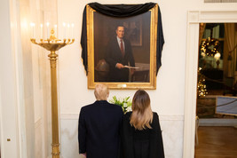 President Donald Trump and Melania with portrait of George H.W. Bush Photo Print - $8.81+