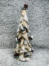Handmade Paper Leaves Christmas Tree Snowy Tabletop Rustic Decor 17&quot; - £13.40 GBP