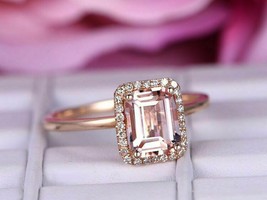 1.75Ct Emerald Cut Peach Morganite Halo Engagement Ring In 14K Rose Gold FInish - £74.33 GBP