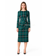 Kate Middleton Inspired Gathered Waist Black Watch Tartan Pencil Dress O... - $2,208.71 MXN