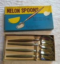 Vintage Melon Spoons Japan. Stainless Steel Teak Wood handles with box M... - $13.54