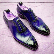 Handmade Men&#39;s Leather Oxfords Wingtip Blue Rounded Party Wear Formal Sh... - $227.99