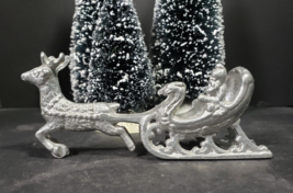 Vintage Cast Aluminum Santa &amp; Sleigh w Reindeer Christmas Decoration Fig... - £31.47 GBP