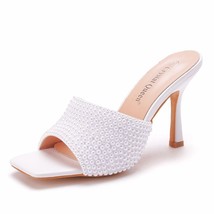 Women White Pearl Rhinestone Wedding Shoes Sandals Slip On Slides Summer Thin Hi - £57.84 GBP