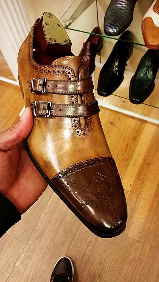 NEW Handmade Men's New 2 Tone Brown shoes, Men's Cap Toe Double Straps Leather s