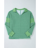 Green Stripe Turn-Down V Neck Patchwork Loose Top - €29,37 EUR