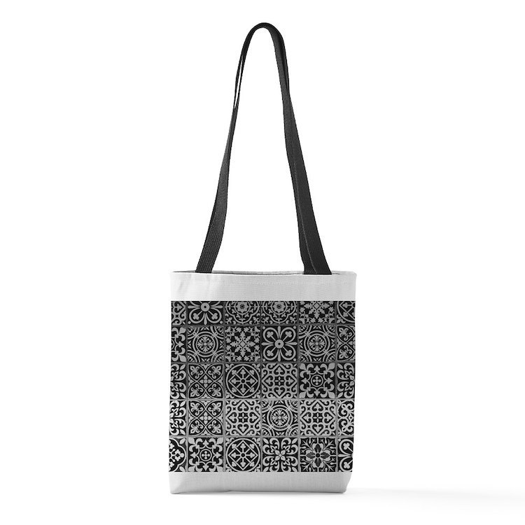 Black and White Floral Geometric Pattern Small Tote Bag - $40.00
