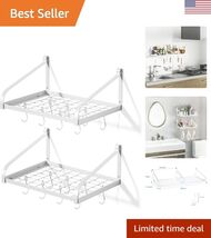 Pot Rack Wall Mounted Set of 2 Pan Pot Organizer Wall Shelves with 16 Ho... - $47.39
