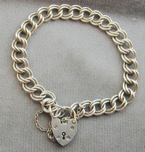 Sterling Double Link Bracelet For Charms Figural Working Heart Lock Clasp 7&quot; HLM - £98.32 GBP