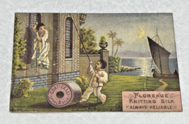 1880's Florence Knitting Silk Trade Card Woman Being Lowered to Man w Sa... - $12.38