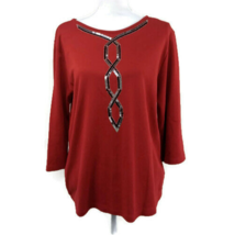 Bob Mackie Wearable Art Large Knit Sequin 3/4 Sleeve Red Blouse Holiday - $23.21