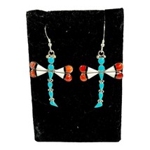 Zuni Inlaid Sterling Silver Dragonfly Earrings Coral Turquoise Black Onyx 2” VTG - £57.71 GBP