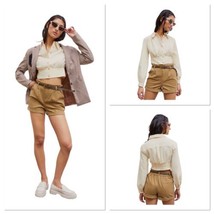 CIDER LINEN-BLEND WOVEN COLLAR RUCHED CROP BLOUSE TOP BEIGE WOMEN SIZE X... - $20.41