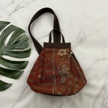 Vintage 90s Tapestry Mini Backpack Bag Brown Orange Foral Adjustable Strap - £27.68 GBP