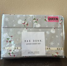 New Rae Dunn Winter Snowman Christmas Queen Size Sheet Set Gray - £39.08 GBP