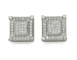 Mens Icy CZ Block Studs Silver Plated 13mm Stacked Screw Back Hip Hop Earrings - £14.57 GBP