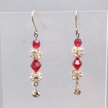 Red Crystal Ball Dangle Earrings,Vintage Disco Vibe with Clear Prong Set - £37.78 GBP