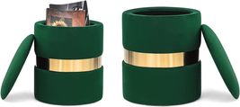 Set of 2 Velvet Storage Ottoman Round Foot Stool Dark Green - £160.36 GBP