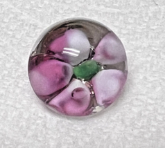 Antique Round Glass Paperweight Button Pink White Flower 9/16th Inch - $12.38