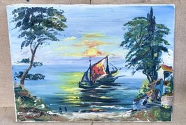 Vintage Signed German Sunset Boat Approaching Island Oil Painting Maltuc... - £248.27 GBP