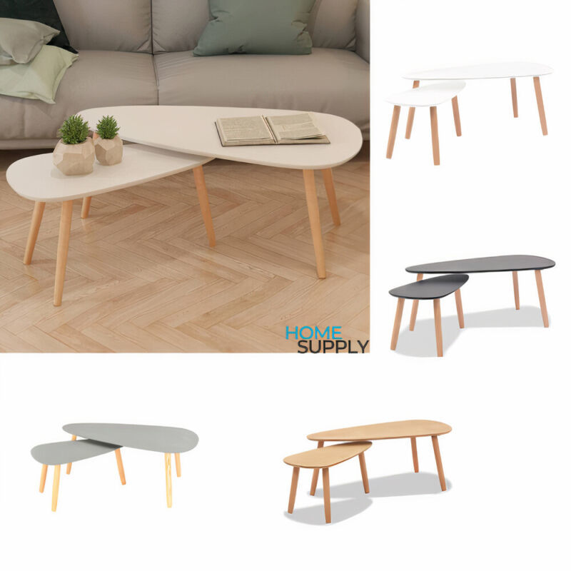Primary image for Modern Set Of 2 Wooden Pinewood Coffee Sofa Side Nesting Table Set Tables Wood
