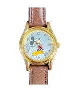 Disney Seiko Mickey Mouse Watch Vintage Gold Tone MC0076 Date Leather Band - $39.15