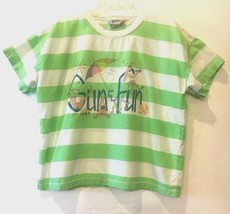 Vtg 80&#39;s Neon Sun and Fun All Over Print Beach Striped Beach Tee Boxy Medium - £22.89 GBP