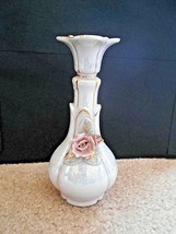 Porcelain Off White Vase w/Pink Flowers 6&quot; - £3.29 GBP