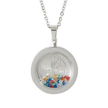St. Benedict Medal Necklace Pendant Floating Crystals Silver Stainless S... - $14.99