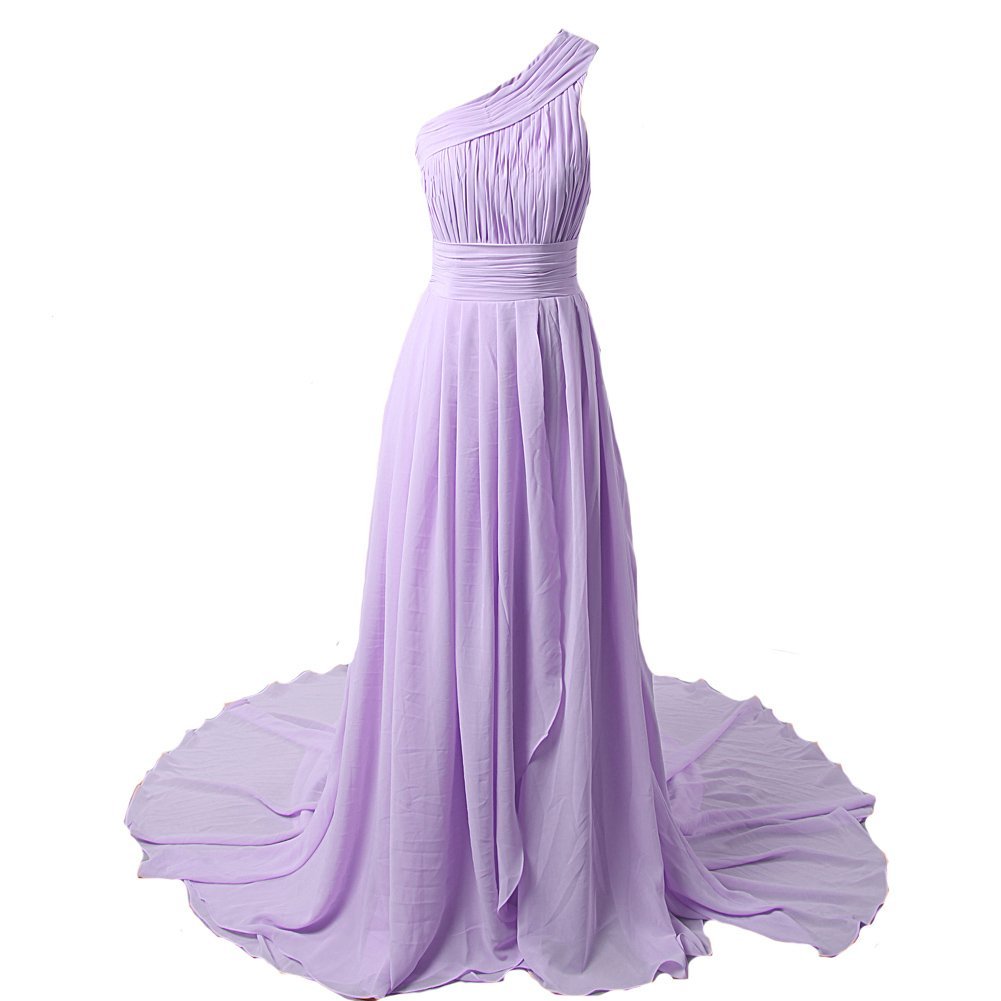 Kivary Women's One Shoulder Chiffon Simple A Line Pleats Court Train Prom Evenin